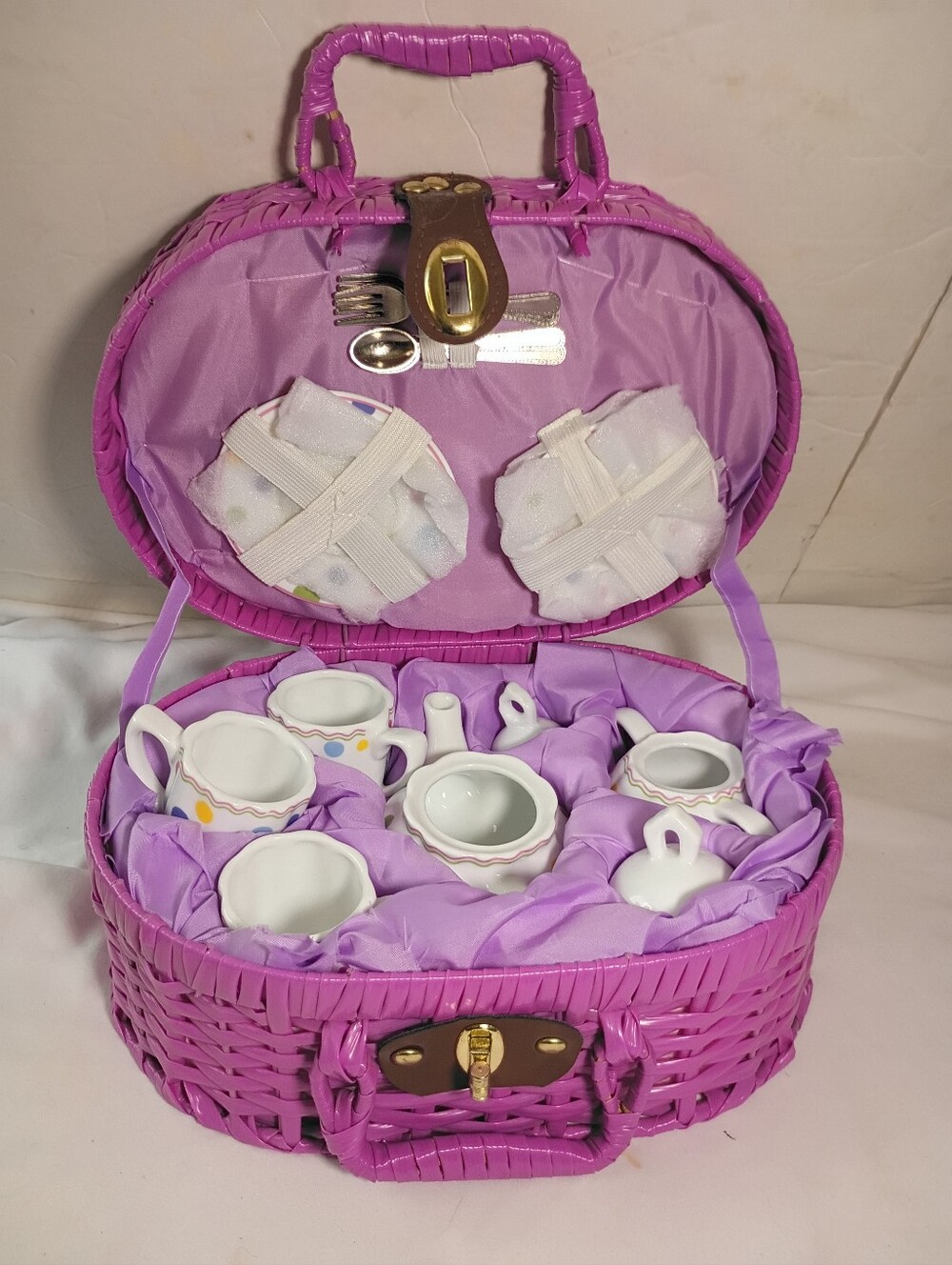 Delton Products Dollies Porcelain Tea Set in Purple Basket Gumdrops Polka Dot
